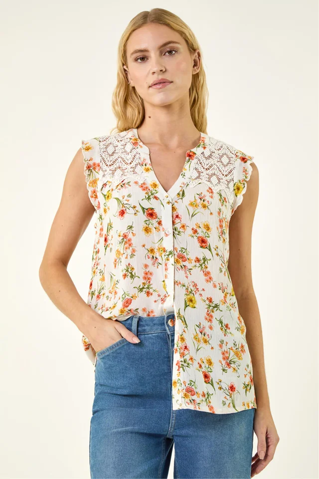 Roman Yellow Floral Lace Sleeveless Blouse