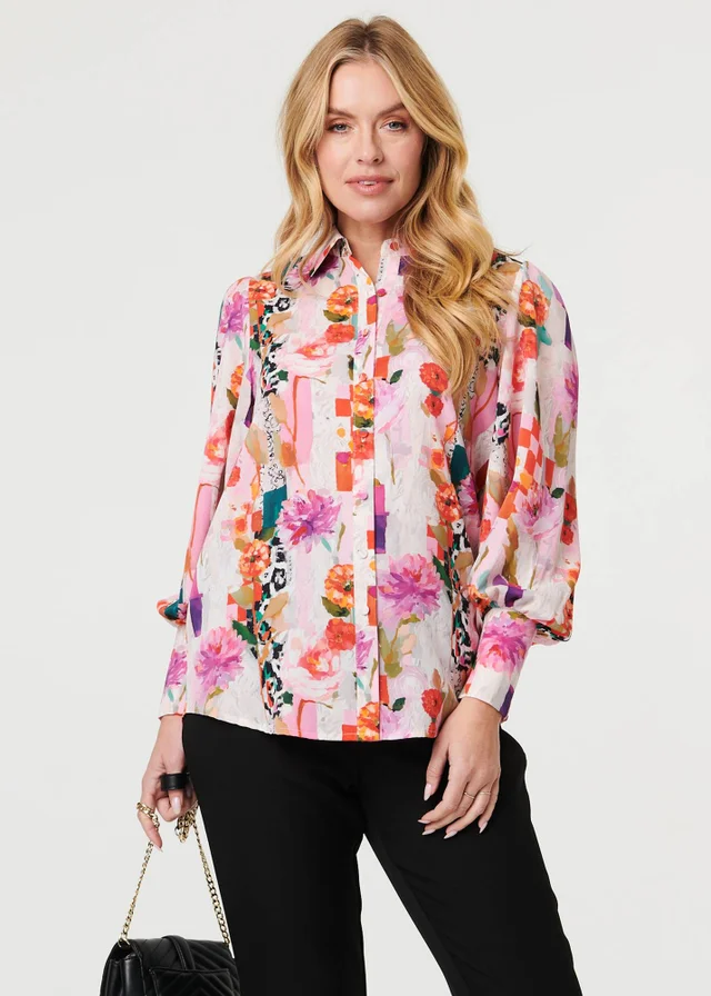 Izabel London Pink Abstract Floral Long Puff Sleeve Shirt