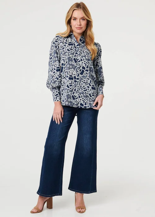 Izabel London Navy Floral Abstract Long Sleeve Shirt - 12 Image 4
