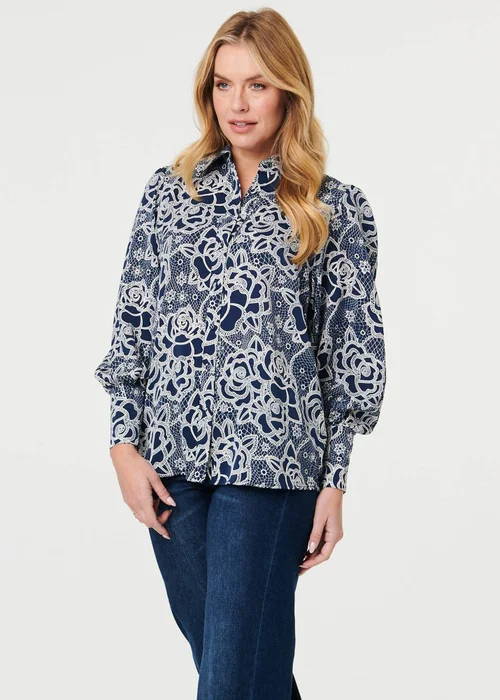 Izabel London Navy Floral Abstract Long Sleeve Shirt - 12 Image 1