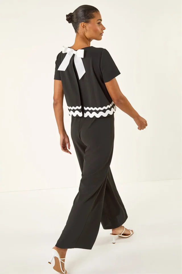 Roman Black Ric Rac Trim Stretch Jumpsuit