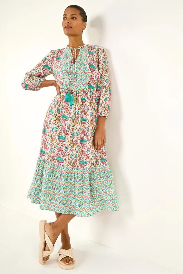 Roman Teal Tie Front Frill Midi Dress