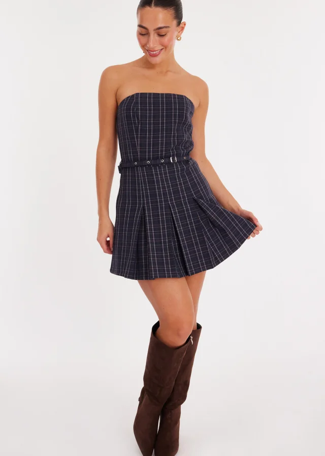 Quiz Blue Check Woven Strapless Mini Dress