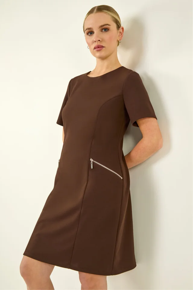 Roman Chocolate Petite Zip Pocket Stretch Dress