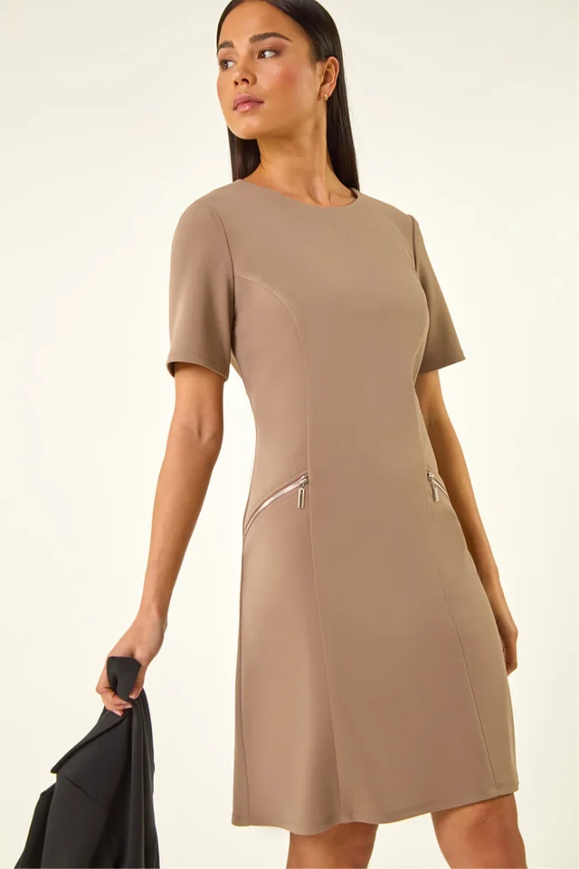 Roman Taupe Petite Zip Pocket Stretch Dress