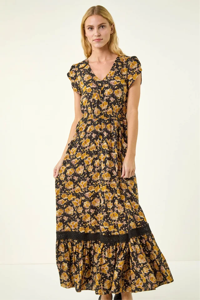 Roman Yellow Floral Buttoned Midi Dress