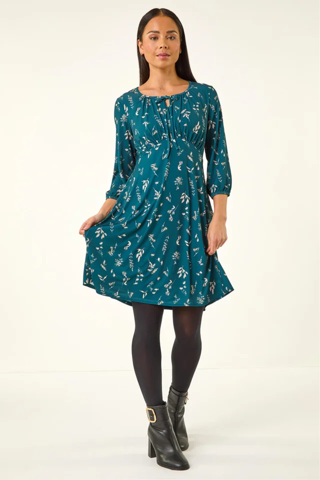 Roman Teal Petite Floral Tie Front Stretch Dress