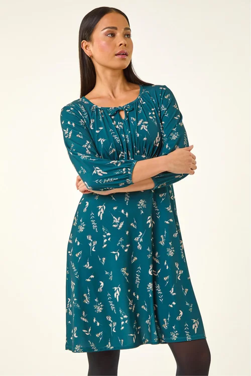 Roman Teal Petite Floral Tie Front Stretch Dress - 8 Image 4