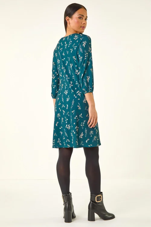 Roman Teal Petite Floral Tie Front Stretch Dress - 8 Image 3