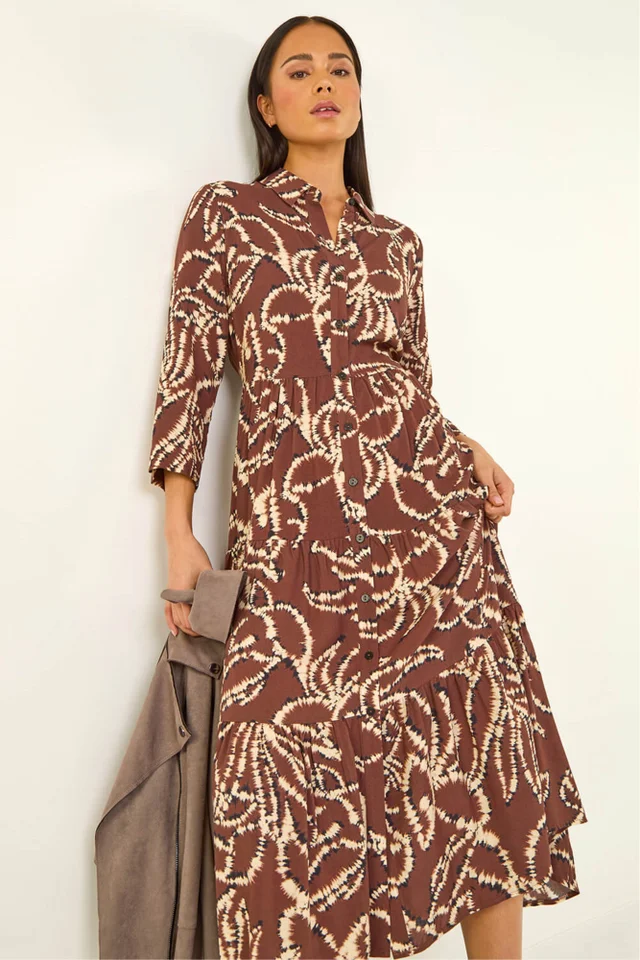 Roman Chocolate Petite Tiered Midi Dress