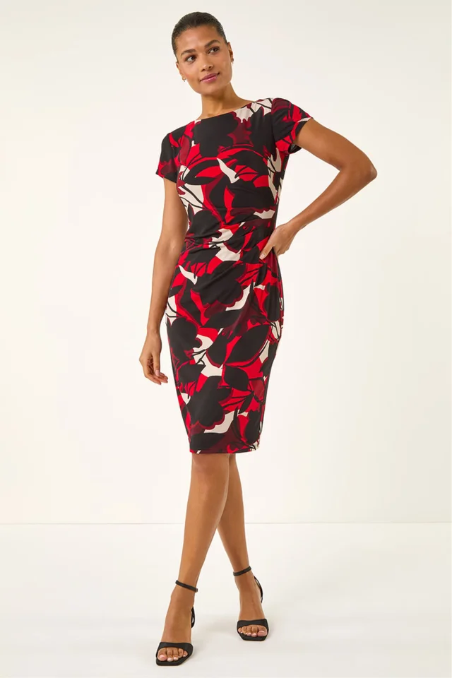 Roman Red Leaf Print Gathered Shift Dress