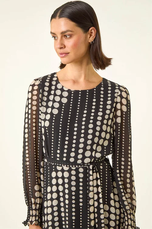 Roman Black Spot Print Shirred Midi Dress - 18 Image 4