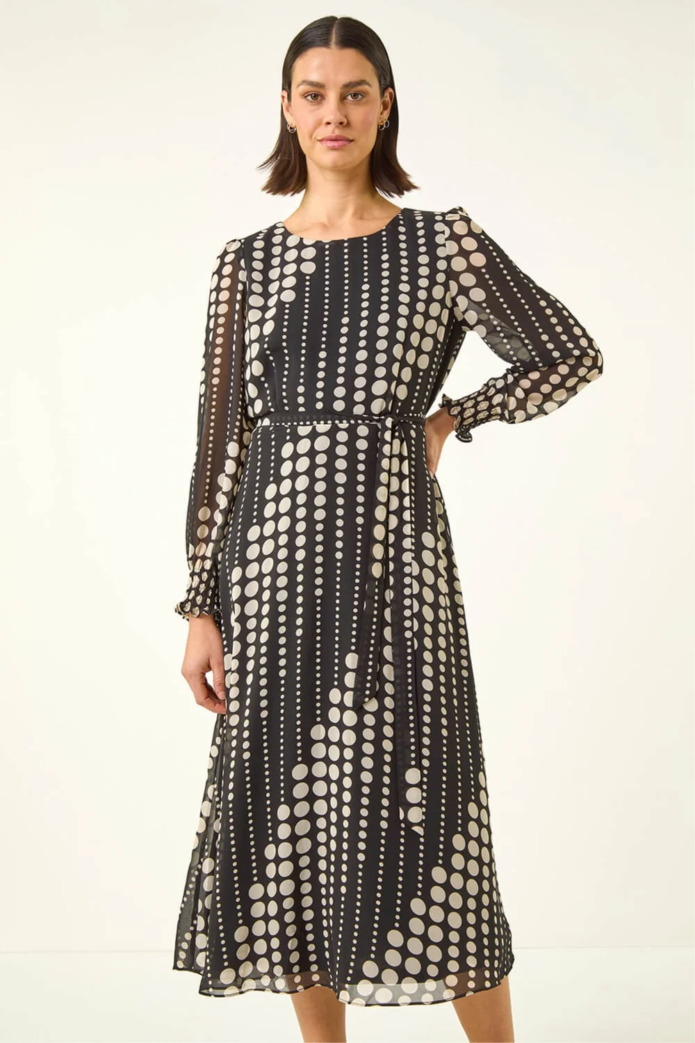 Roman Black Spot Print Shirred Midi Dress - 18 Image 1