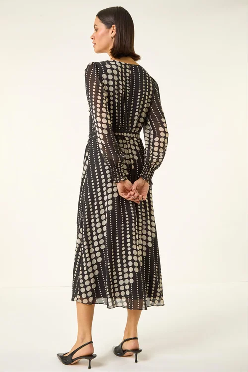 Roman Black Spot Print Shirred Midi Dress - 18 Image 3
