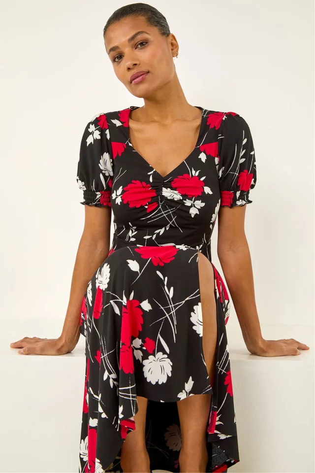 Roman Red Floral Print Ruched Midi Dress