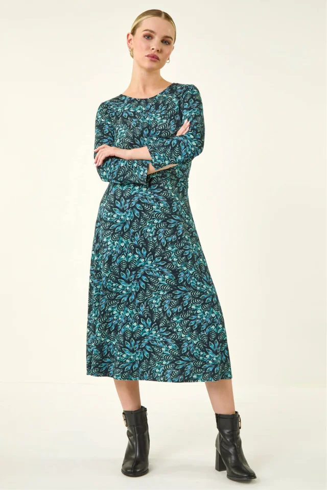 Roman Black Abstract Print Twist Front Midi Dress