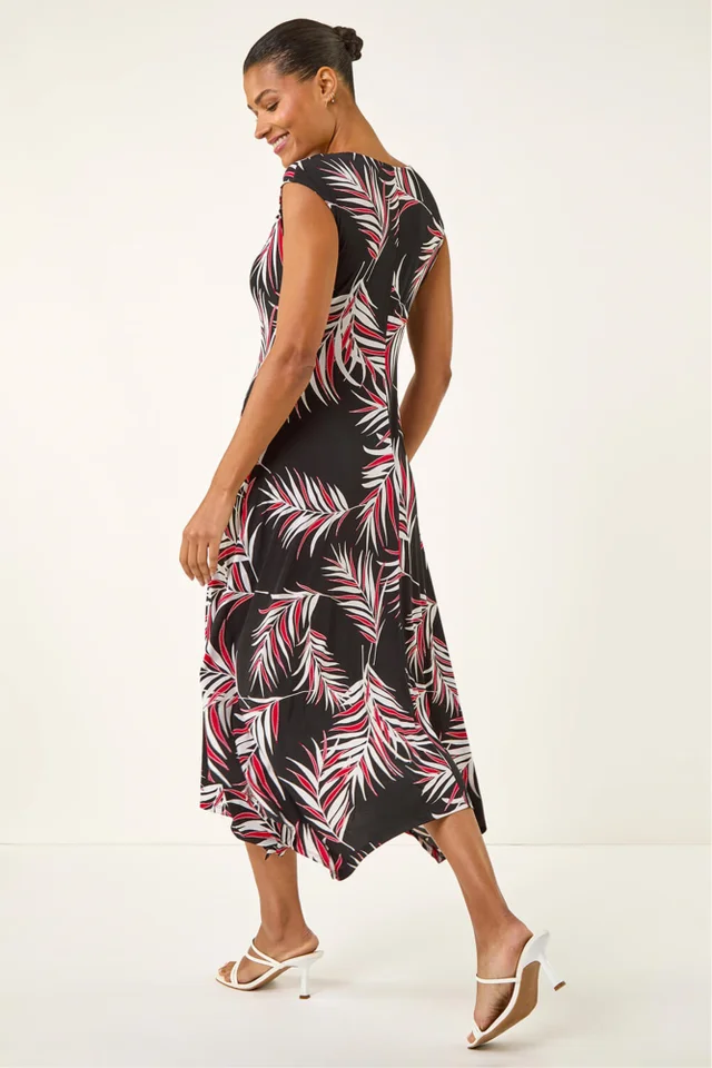 Roman Black Leaf Print Stretch Maxi Dress
