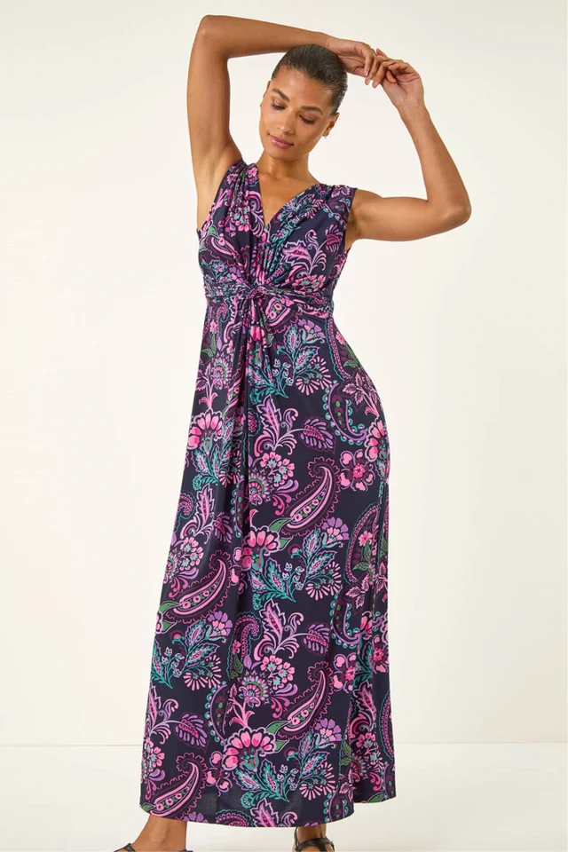 Roman Pink Paisley Twist Front Maxi Dress