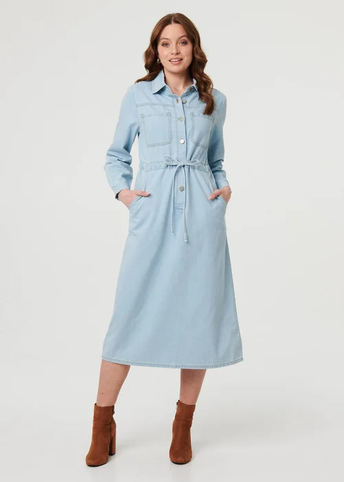 Izabel London Blue Denim Tie Waist Long Sleeve Midi Dress - 8 Image 1