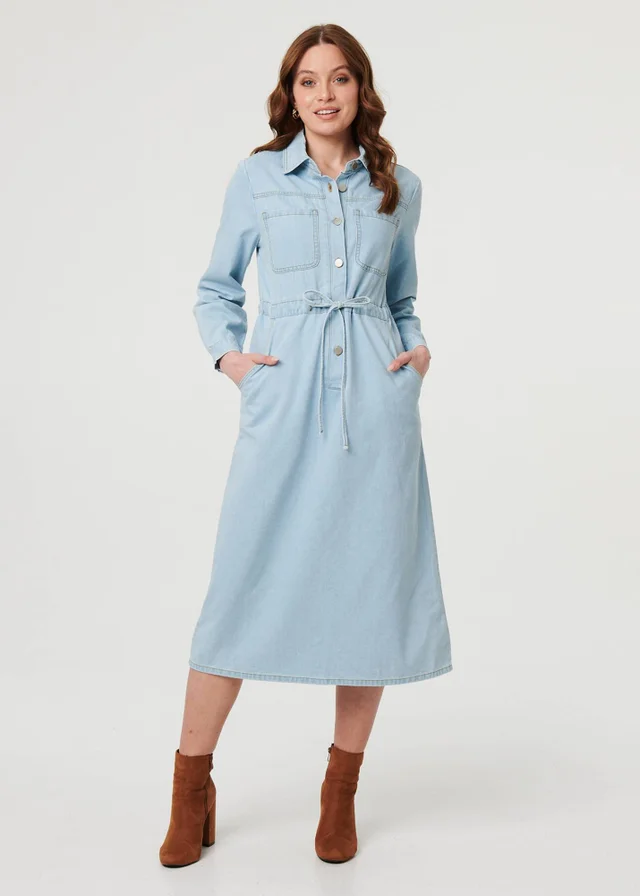 Izabel London Blue Denim Tie Waist Long Sleeve Midi Dress