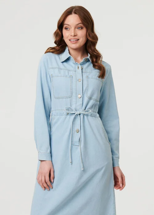 Izabel London Blue Denim Tie Waist Long Sleeve Midi Dress - 8 Image 4