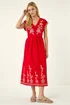 Roman Red Embroidered V-Neck Midi Dress - 14 Image 2