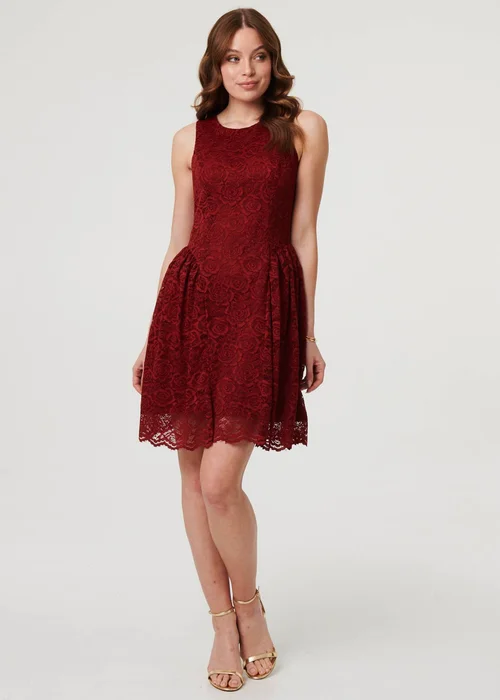 Izabel London Burgundy Lace Layer Sleeveless Short Skater Dress - 8 Image 4