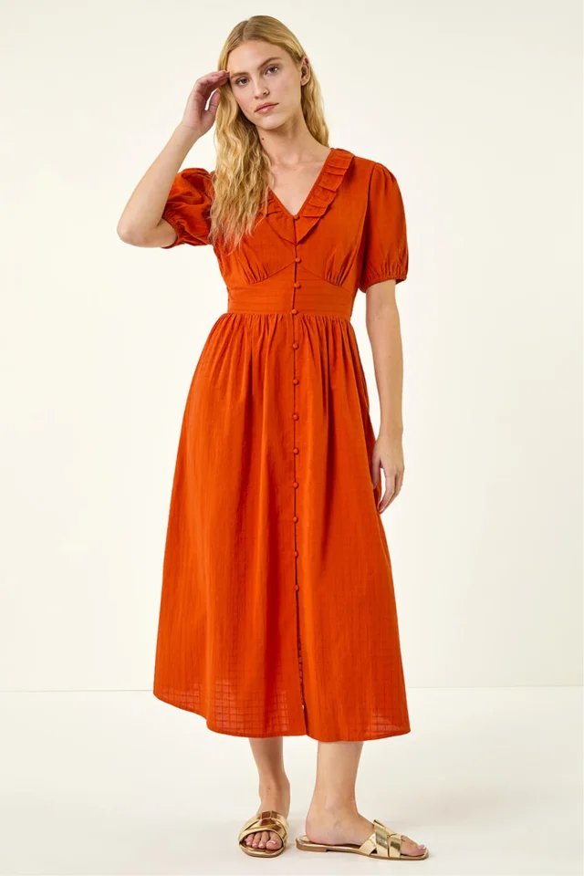 Roman Orange Textured Frill Midi Dress