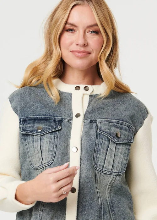 Izabel London Cream Denim Contrast Texture Boxy Jacket - M/L Image 3