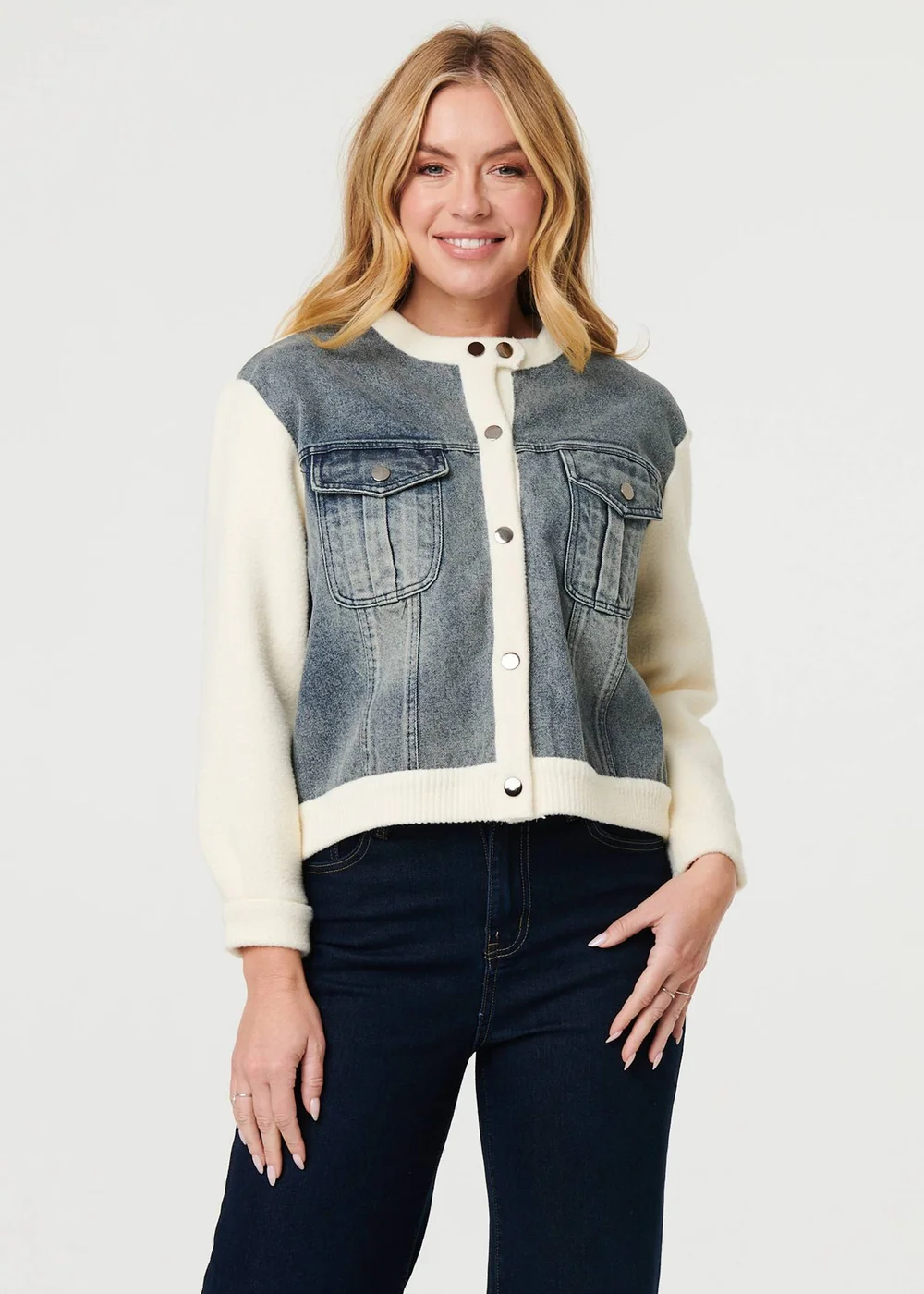 Izabel London Cream Denim Contrast Texture Boxy Jacket - M/L Image 1