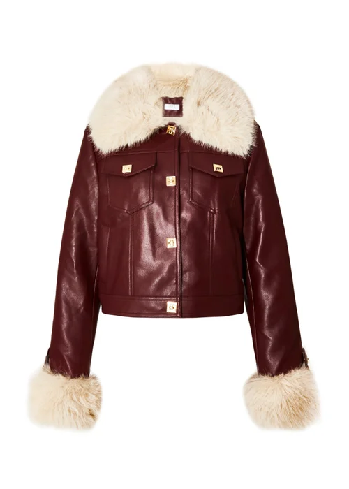 Quiz Burgundy Faux Fur Button Detail Jacket - S Image 4