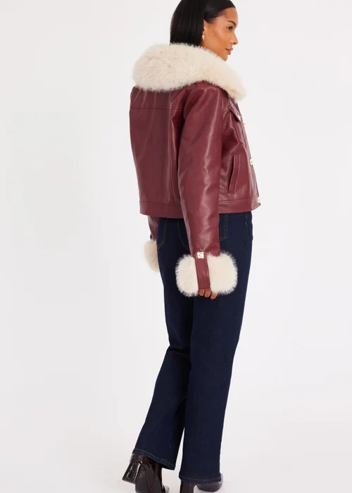 Quiz Burgundy Faux Fur Button Detail Jacket - S Image 2