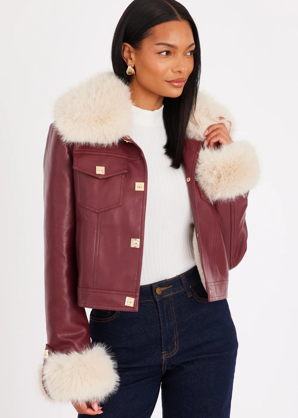 Quiz Burgundy Faux Fur Button Detail Jacket - S Image 1