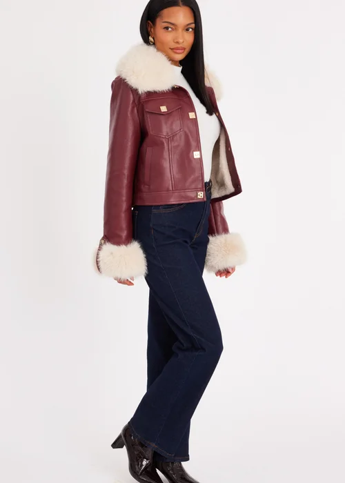 Quiz Burgundy Faux Fur Button Detail Jacket - S Image 3