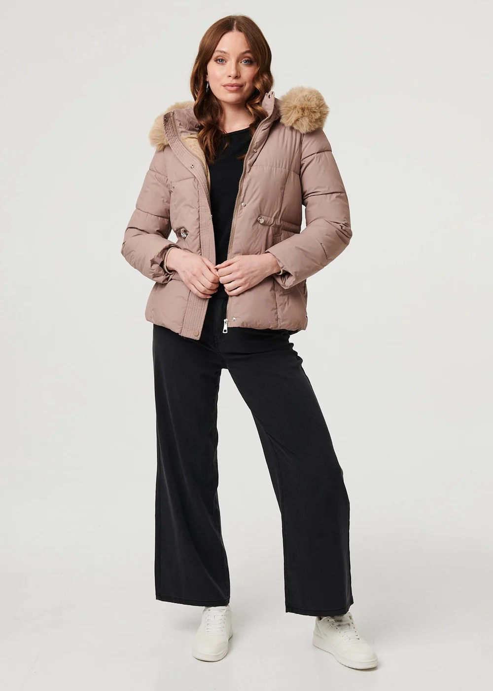 Izabel London Beige Faux Fur Trim Hood Puffer Jacket - L Image 4