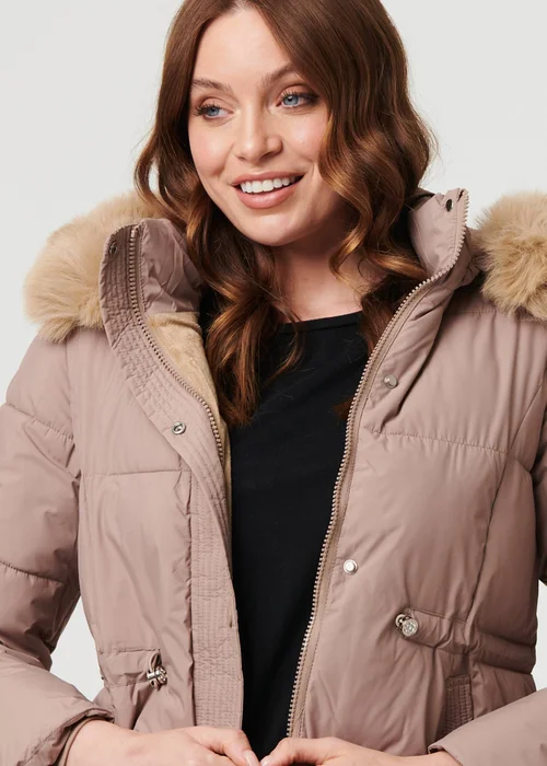 Izabel London Beige Faux Fur Trim Hood Puffer Jacket - L Image 3