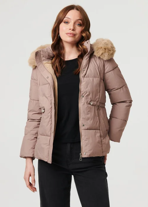 Izabel London Beige Faux Fur Trim Hood Puffer Jacket - L Image 1