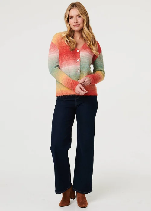 Izabel London Red Striped Long Sleeve Textured Cardigan - Medium/Large Image 4