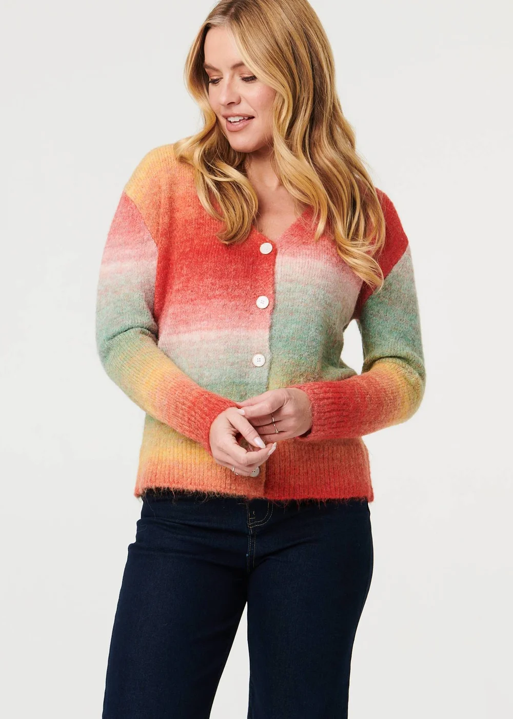 Izabel London Red Striped Long Sleeve Textured Cardigan - Medium/Large Image 1