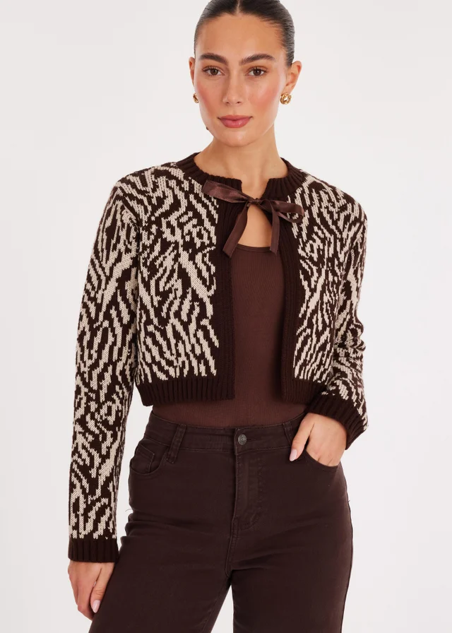 Quiz Brown Zebra Print Cropped Cardigan
