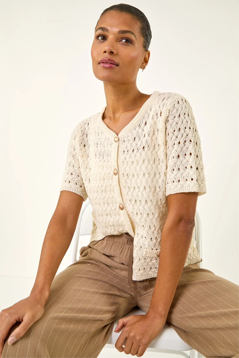 Roman Ivory Pointelle V-Neck Knit Cardigan - Medium Image 1