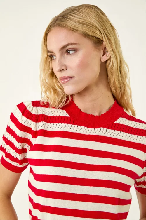 Roman Red Stripe Pointelle Knit Top - Size 16 Image 4