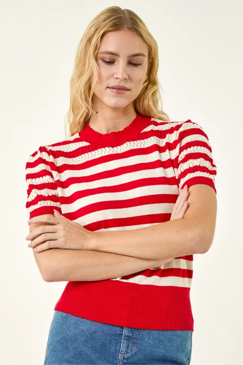 Roman Red Stripe Pointelle Knit Top - Size 16 Image 2