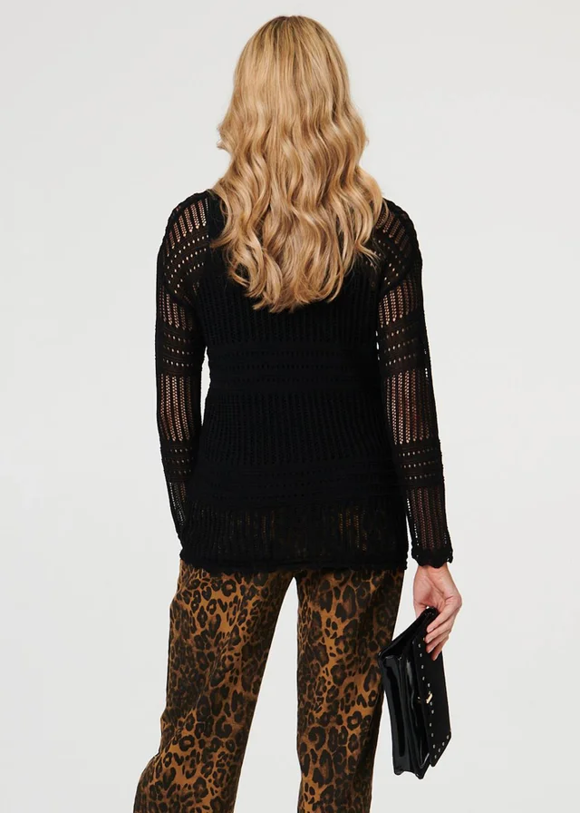 Izabel London Black Semi Sheer Mesh Layered Long Sleeve Top