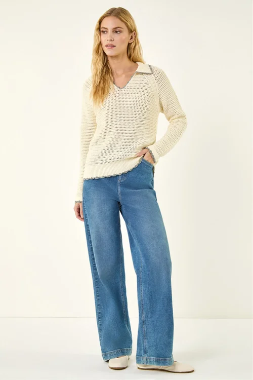 Roman Ivory Collar Crochet Knit Jumper - Size 14 Image 2