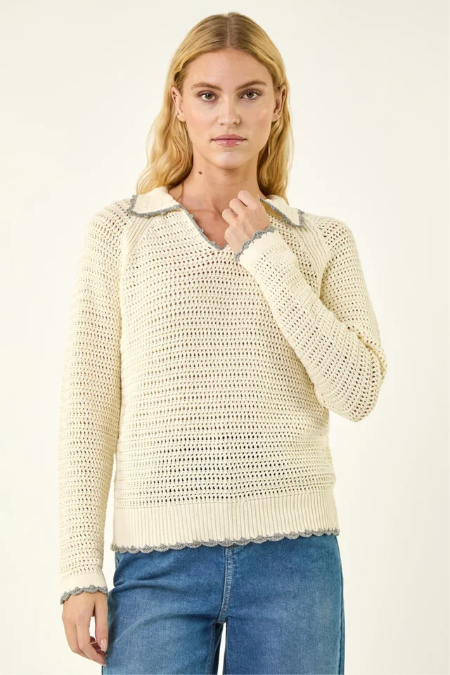 Roman Ivory Collar Crochet Knit Jumper
