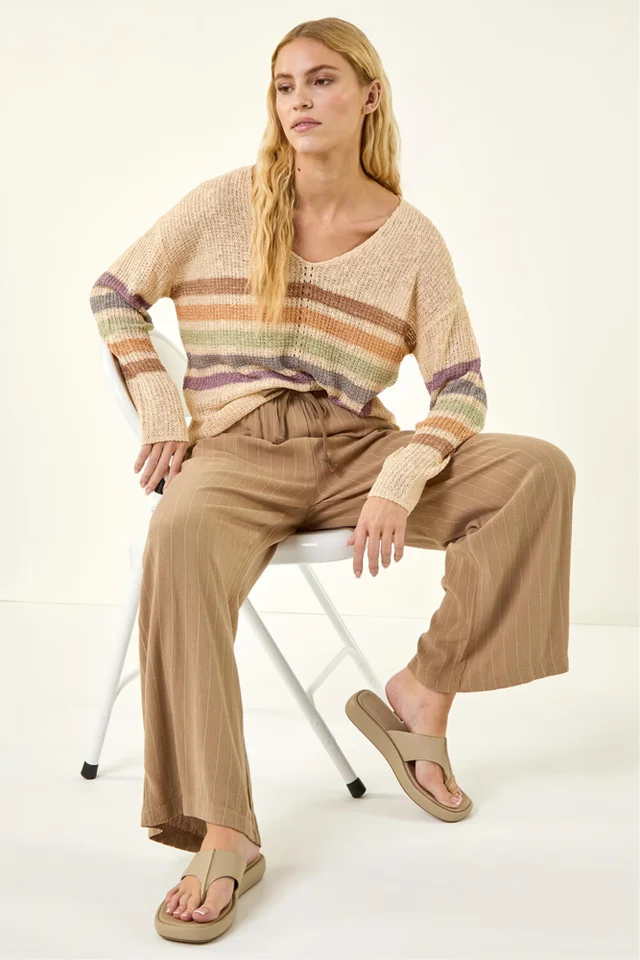 Roman Beige Stripe V-Neck Knit Jumper