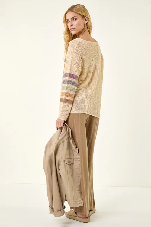 Roman Beige Stripe V-Neck Knit Jumper - Size 20 Image 3