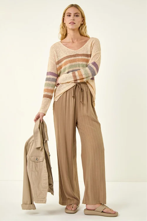 Roman Beige Stripe V-Neck Knit Jumper - Size 20 Image 2