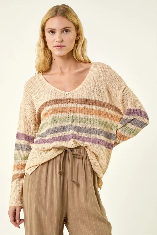 Roman Beige Stripe V-Neck Knit Jumper - Size 20 Image 4